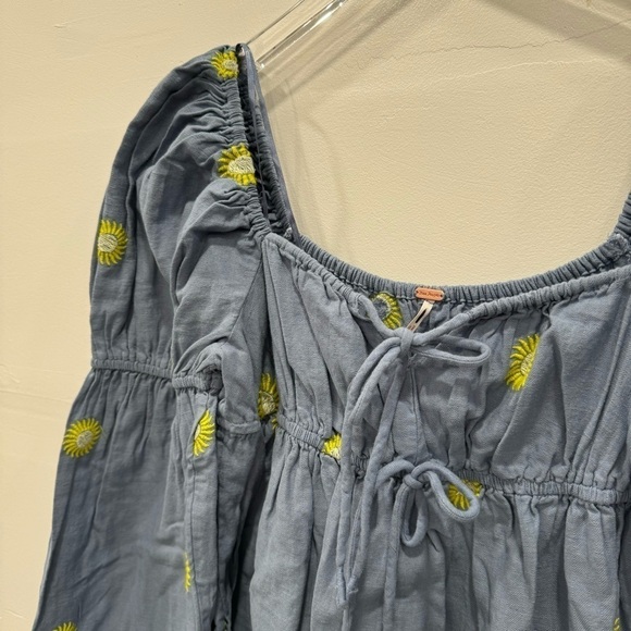 Free People Emory Embroidered Sun Chambray Midi Dress Cotton Linen Puff Sleeve - Picture 9 of 12